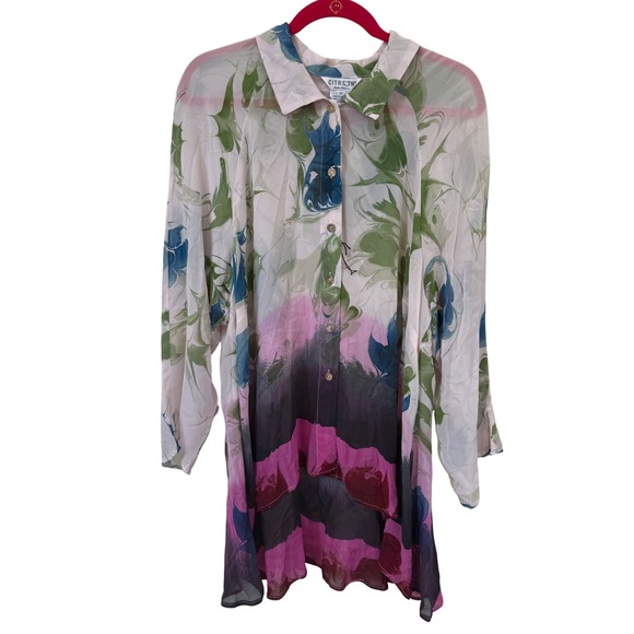 Citron Santa Monica 1X Silk Floral Abstract Hi-Low Tunic Blouse Artsy Boho Chic - Picture 1 of 7